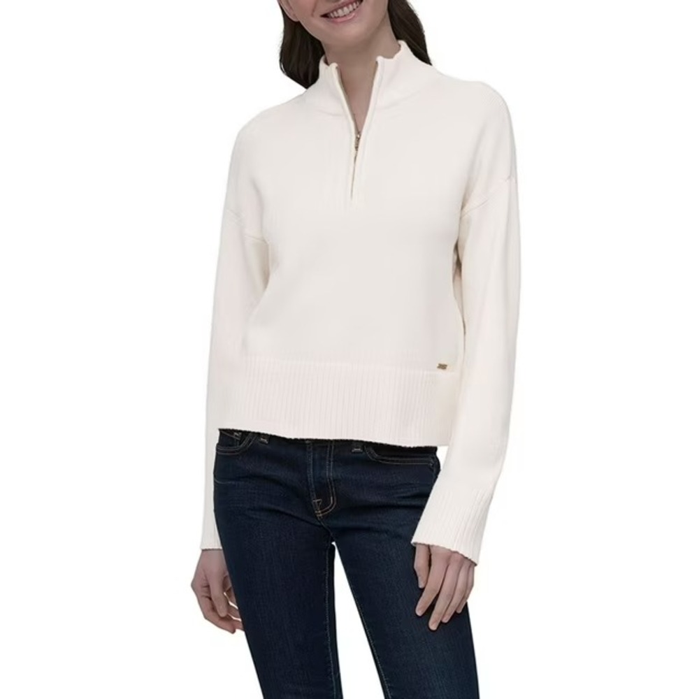 DKNY Womens Quarter-Zip Sweater Cream Mock Neck High-Low Hem Size L